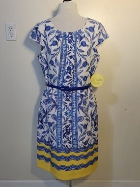 (Women's 8) Blue & White Floral Belted Sheath Dress with Yellow Border